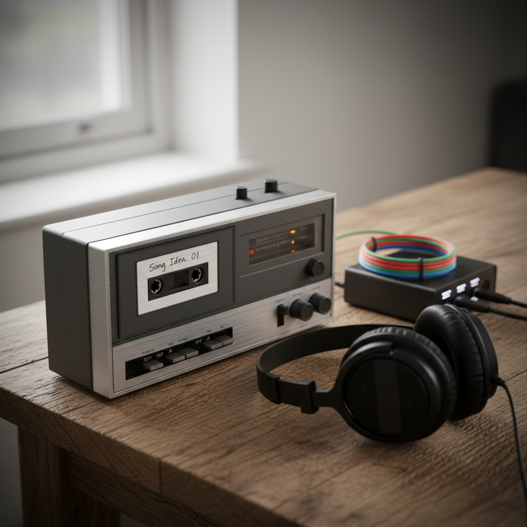 A close-up of a vintage cassette recorder on a rustic oak table, a freshly labeled tape marked “Song Idea 01” partially inserted. Next to it, a small digital audio interface, colorful cables neatly coiled, and a pair of closed-back studio headphones rest carefully, their matte black surfaces contrasting with the warm wood. Diffused overcast light from an unseen window creates soft reflections on the plastic and metal surfaces. Shot from a slightly elevated angle in photographic realism, with a gentle vignette and subtle background blur, the image feels nostalgic yet modern, perfectly capturing the process of capturing rough songwriting demos for fun and future collaboration.