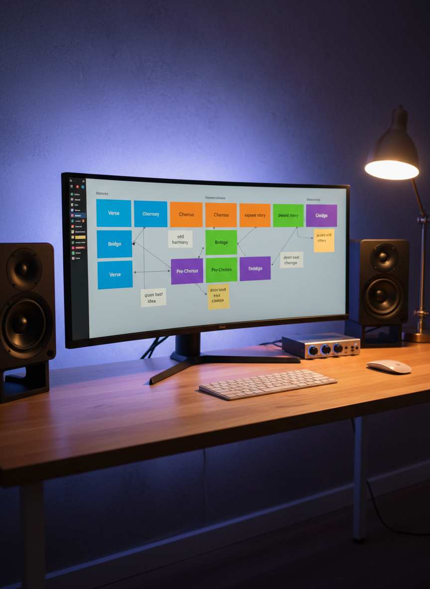 A meticulously organized digital songwriting board displayed on a large, ultra-wide monitor, showing color-coded virtual sticky notes labeled with sections like “Verse,” “Chorus,” and “Bridge,” plus notes such as “add harmony” and “expand story.” The monitor sits on a sleek wooden desk with a minimalist wireless keyboard and a small audio interface, while studio monitor speakers flank each side. Cool, balanced LED bias lighting behind the monitor creates a halo effect on the wall, contrasting with the warm desk lamp glow on the surface. Photographic realism, eye-level composition with moderate depth of field, conveys a modern, thoughtful workflow that invites collaborators to dive into structured song development.